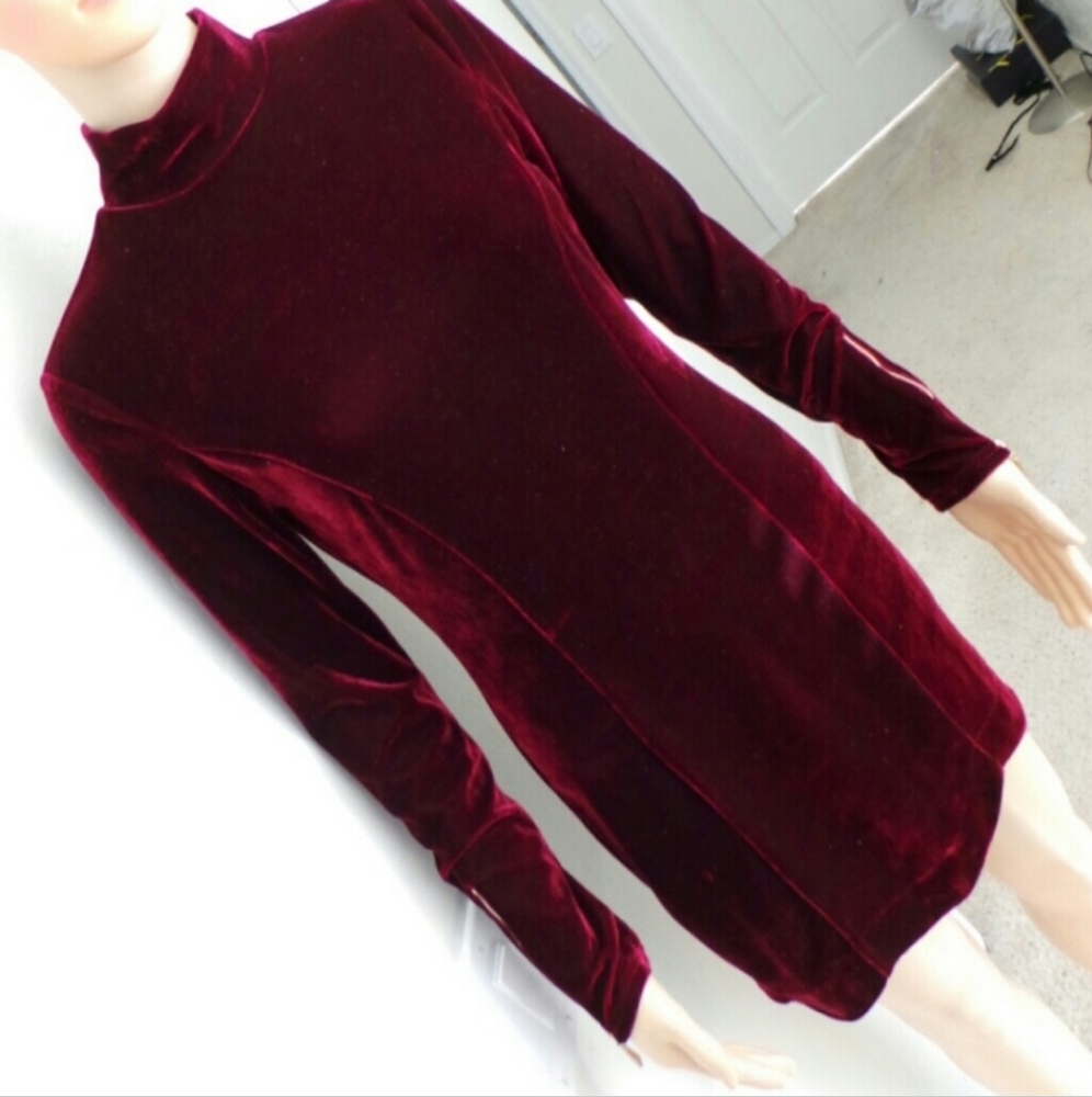 Burgundy velvet turtle neck long sleeve dress